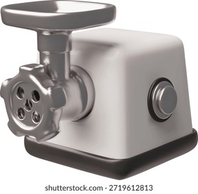Molinillo de carne 3D eléctrico para picar carne, equipo de cocina. Aparato de cocina de metal para el hogar. Vector ilustración de dibujos animados. Fondo aislado. Render.