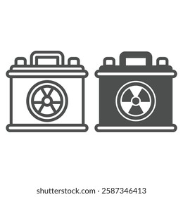 Electric accumulator with radioactivity seal line and solid icon, atomic energy concept. Vector graphics. Battery container, radiation sign on white background, outline style icon for mobile or web