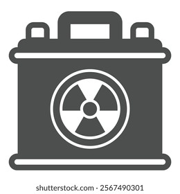 Electric accumulator with radioactivity seal solid icon, atomic energy concept. Vector graphics. Battery container, radiation sign on white background, glyph style icon for mobile or web