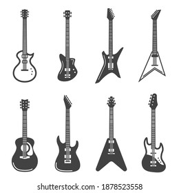 Electric, acoustic, bass guitars with black and white bodies icons set. Stringed musical instruments different shaped modern collection. Music band, musicians tools. Vector guitars illustration.