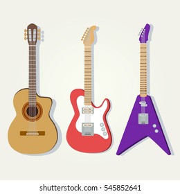 Electric, acoustic (classic), bass guitars. Popular music instrument. Cute vector set. 