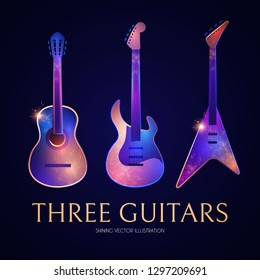 Electric and Acoustic Guitar Set. Music Instruments Collection with Light Effects. Vector illustration