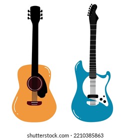 Electric and acoustic guitar set. Vector flat illustration. Isolated on white background