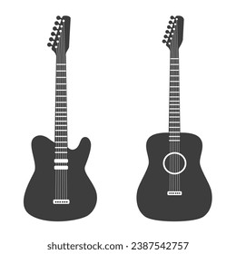 Equipo de guitarra eléctrica y acústica. Ilustración plana vectorial. Fondo blanco.