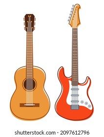 Electric and acoustic guitar vector flat illustrations set isolated over white, instruments shop.