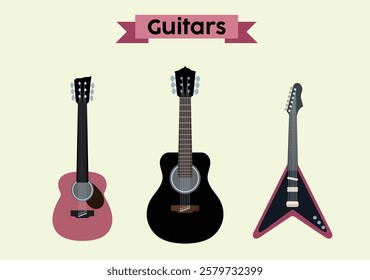 Electric and acoustic guitar vector illustrations, flat style, editable, Rock and Roll elements