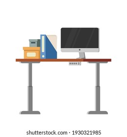 Electric adjustable ergonomic computer seating table and stand. Modern office or home workplace with monitor vector concept, cardboard box and folder with documents. Office furniture, space, items.