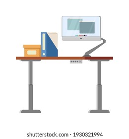 Electric adjustable ergonomic standing and sitting desk. Modern office or home workspace with monitor vector concept, cardboard box and folder with documents. Office furniture, space, items. 