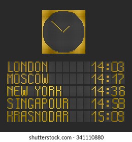 Electric airport graphic analog timetable template. Flight menu. Vector info screen board and design elements set. Good for transport halls, airport, any arrival and departing stations and terminals.