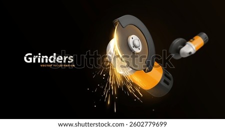  Electric angle grinder cutting metal, sparks light effect. Powerful industrial tool for construction, metalworking, repairs. Professional Power tools cutting, grinding, polishing. Vector illustration