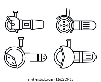 Electric angle grinder icon set. Outline set of electric angle grinder vector icons for web design isolated on white background