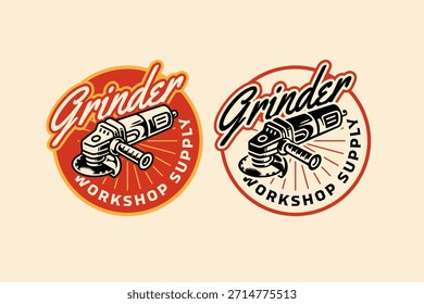 Herramienta de amoladora de ángulo eléctrico insignia vintage logo diseño conjunto para taller. Amoladora angular retro paquete de logotipo de parche para la industria. Diseño rústico del elemento del emblema de la máquina de pulir del poder para el mecánico, fabricación