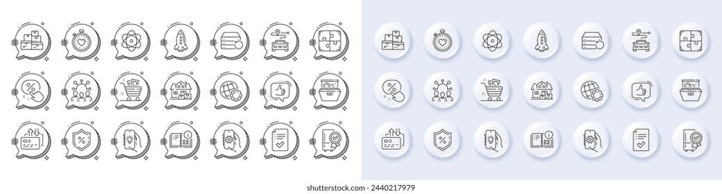 Electric app, Discount button and Approved checklist line icons. White pin 3d buttons, chat bubbles icons. Pack of Heartbeat timer, Recovery server, Squad icon. Vector