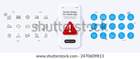 Electric app, Vacuum cleaner and Approved line icons. Phone mockup with 3d danger icon. Pack of Car service, Parking garage, 360 degree icon. Vector