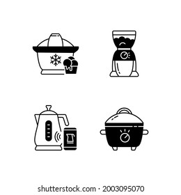 Electric Appliances Black Linear Icons Set. Ice Cream Maker. Home Coffee Grinder. Slow Cooker. Crockpot For Food Preparation. Glyph Contour Symbols. Vector Isolated Outline Illustrations