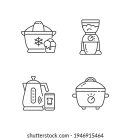 Electric Appliances Linear Icons Set. Ice Cream Maker. Home Coffee Grinder. Smart Kettle For Household. Customizable Thin Line Contour Symbols. Isolated Vector Outline Illustrations. Editable Stroke