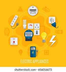 Electric appliances round design with gauges, bulbs, switch, plug socket,  extension cable on yellow background vector illustration