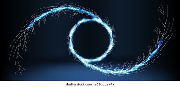 Electric arcs create a mesmerizing circular pattern in a dark background with vivid blue colors