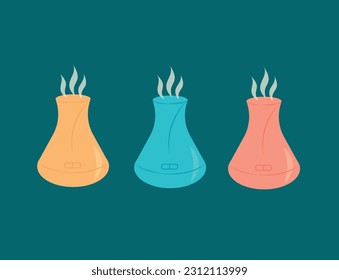 Electric aroma diffusers of different colors. vector illustration. air purifiers microclimate for home. Healthy humidity.