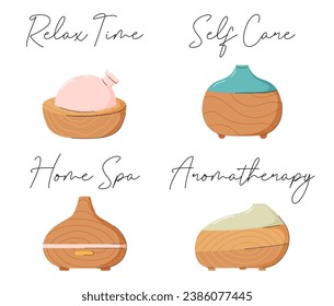Electric aroma diffusers of different designs. Healthy lifestyle, self care. Relax time, aromatherapy. Modern hand drawn style. Big set of cute items.
