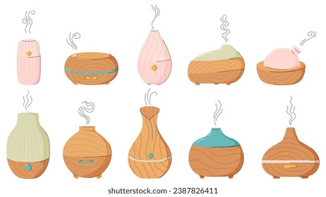 Electric aroma diffusers of different designs. Healthy lifestyle, self care. Relax time, aromatherapy. Modern hand drawn style. Big set of cute items.