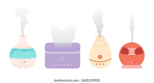 Electric aroma diffusers of different designs. Healthy lifestyle, self care. Relax time, aromatherapy. Set humidifier different shapes. 