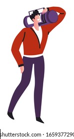 Electric audio device, man with music record player or boombox isolated character vector. Retro musical equipment, young guy walking and listening to songs. Melody playing or radio show broadcast