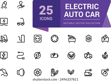 Electric Auto car outline icon. Set of e-car, electric car, vehicle, auto, charge station, parking, battery, eco transport, smart car. editable stroke icon.