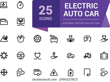 Electric Auto car outline icon. Set of e-car, electric car, vehicle, auto, charge station, parking, battery, eco transport, smart car. editable stroke icon.