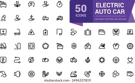 Electric Auto car outline icon. Set of e-car, electric car, vehicle, auto, charge station, parking, battery, eco transport, smart car. editable stroke icon.