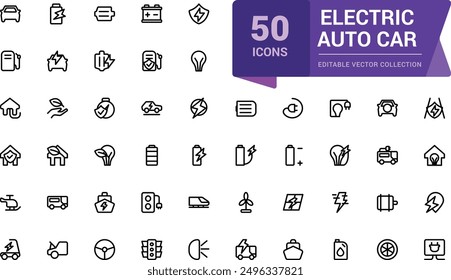 Electric Auto car outline icon. Set of e-car, electric car, vehicle, auto, charge station, parking, battery, eco transport, smart car. editable stroke icon.