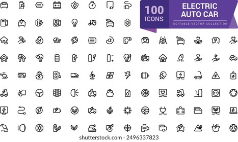 Electric Auto car outline icon. Set of e-car, electric car, vehicle, auto, charge station, parking, battery, eco transport, smart car. editable stroke icon.