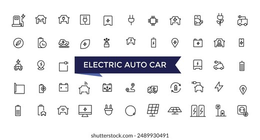 Electric Auto Car Vector Icon set with editable stroke collection for web and ui. Line icons pack. Vector illustration.
