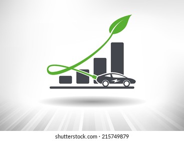 Electric Auto Industry Growth. Graph with electric car. Power cord changing to green leaf that acts as growth arrow. Fully scalable vector illustration.