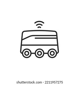 Elektrischer automatisierter Lieferroboter, der mit dem Symbol für die drahtlose Netzwerkverbindung verbunden ist, einzeln auf weißem Hintergrund.