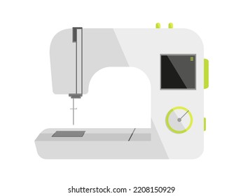 Electric automatic sewing machine white flat. Needle display control seamstress creating clothes hobby tailor craft textile product equipment handmade survival designer stylist icon atelier isolated