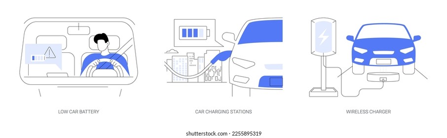 Electric automobile charging abstract concept vector illustration set. Low car battery, charging stations, wireless charger, sustainable urban transportation, hybrid vehicle abstract metaphor.