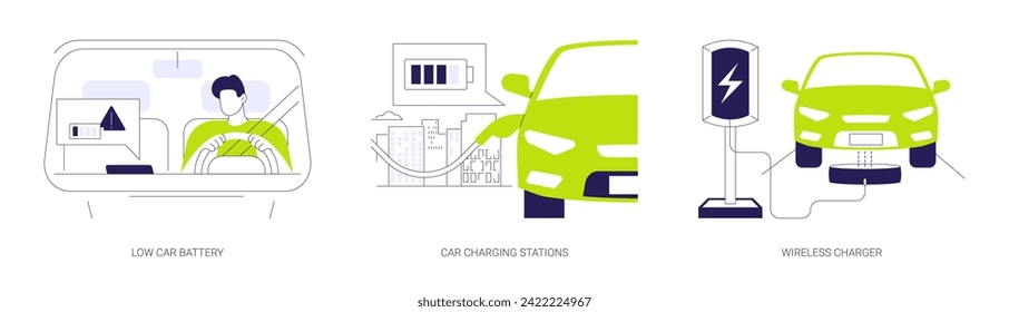 Juego de ilustración vectorial de concepto abstracto de carga de automóviles eléctricos. Batería baja para automóviles, estaciones de carga, cargador inalámbrico, transporte urbano sostenible, metáfora abstracta de vehículos híbridos.