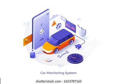 Electric Automobile, Mobile Phone, Speedometer, Wrench, Electronic Indicators. Concept Of Smart Car Monitoring Or Remote Control System, Maintenance And Repair Service. Isometric Vector Illustration.