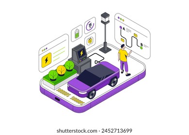 Electric automobile, mobile phone, speedometer, wrench, electronic indicators. Concept of smart car monitoring or remote control system, maintenance and repair service. Isometric vector illustration.