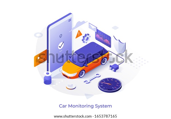 Electric automobile, mobile phone,\
speedometer, wrench, electronic indicators. Concept of smart car\
monitoring or remote control system, maintenance and repair\
service. Isometric vector\
illustration.