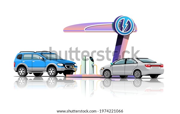 Electric  automobile
modern style is Charging in Garage power station, vector
illustration flat
design
