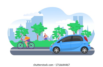 Electric automobile on city road, vector illustration. Street with eco-friendly transport, electric cars and bicycle. Modern technology for safety emvironment fast trip, cityscape on background.