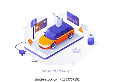 Electric Automobile On Giant Smartphone And Digital Indicators. Concept Of Mobile App For Car Monitoring Or Remote Control System, Smart Innovative Technology. Modern Isometric Vector Illustration.