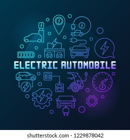 Electric automobile round vector colorful illustration in thin line style on dark background