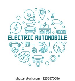 Electric automobile round vector illustration in thin line style on white background