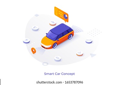 Electric Automobile Surrounded By Buttons With Remote Control Options Or Features. Concept Of Smart Car, Innovative Technology Of Future, Hi-tech Innovation. Modern Isometric Vector Illustration.