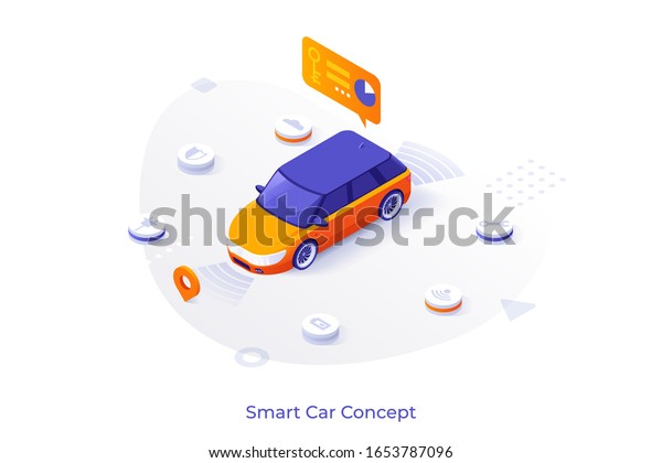 Electric automobile surrounded by buttons\
with remote control options or features. Concept of smart car,\
innovative technology of future, hi-tech innovation. Modern\
isometric vector\
illustration.