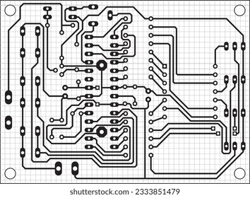 Electric background. Vector pcb pattern. Printed circuit board of an electronic device with conductors and contact pads placed on it. Engineering drawing with grid.