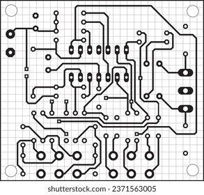 Electric background. Vector pcb pattern. Printed circuit board of an electronic device with
conductors and contact pads placed on it. Engineering drawing with grid.